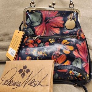 Patricia Nash Black Leather Backpack with Floral Design